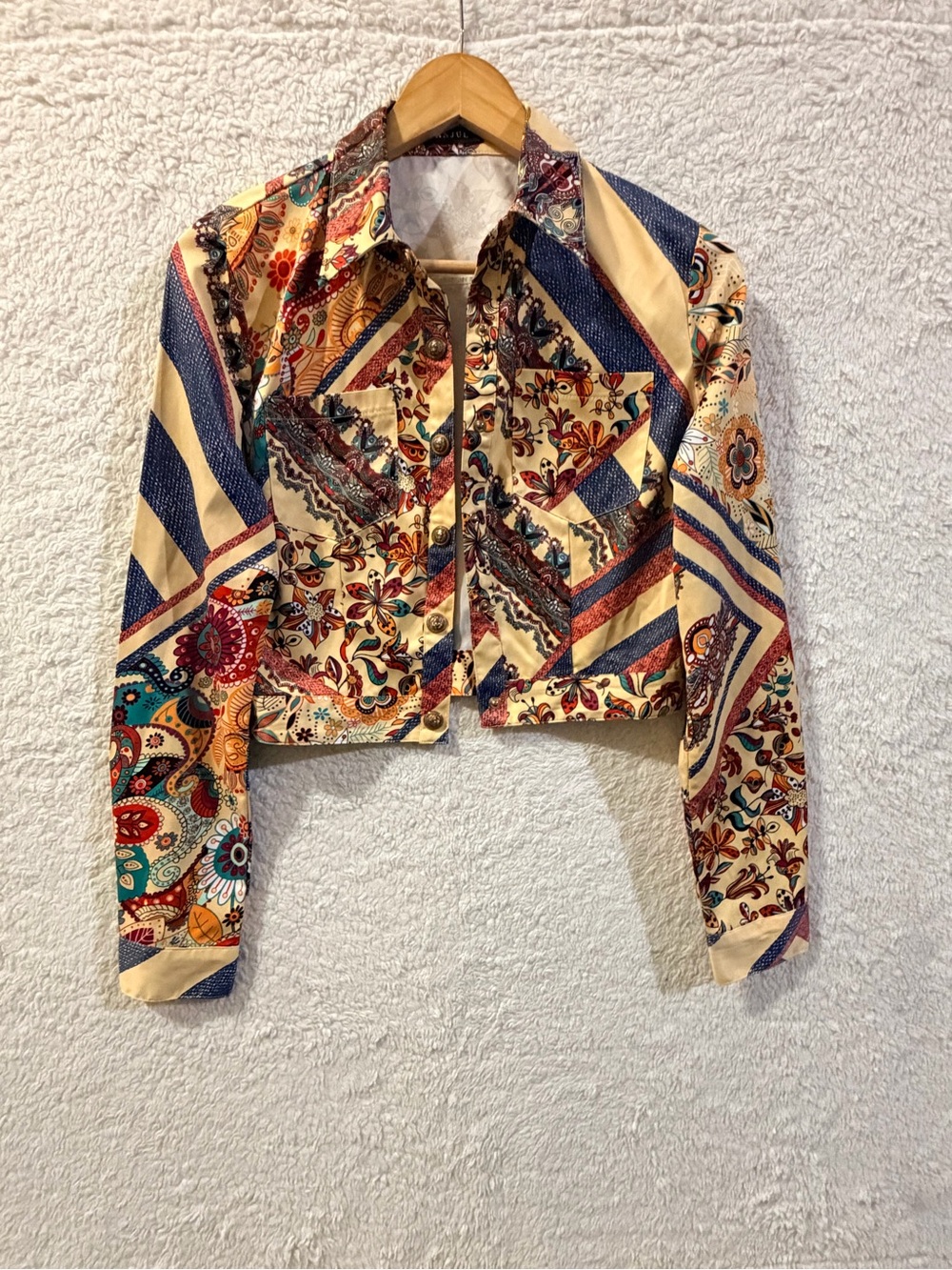 Banjul Cropped Patchwork Jean Jacket in Cream, Navy, Red, Teal